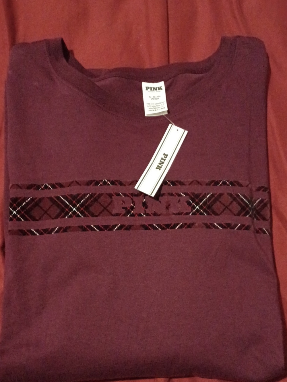 NWT- PINK Victoria's Secret Burgundy Graphic Long Sleeve Tee Size XL